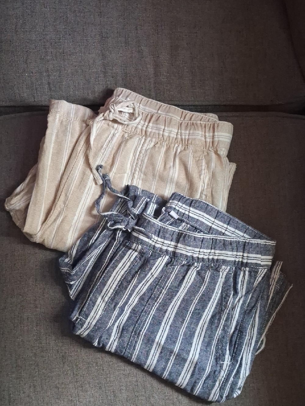 GAP Set of 2 Striped Drawstring Linen Blend Wide Leg Pants Blue & Tan Size Large